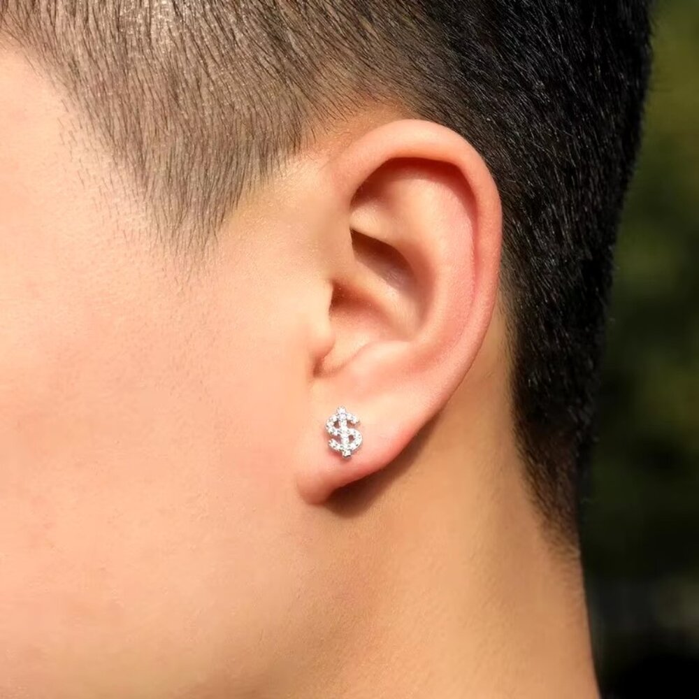 🆕 Dollar Sign Diamond Studded Earrings, 18K White Gold Hypoallergenic 🆕 - Picture 5 of 5